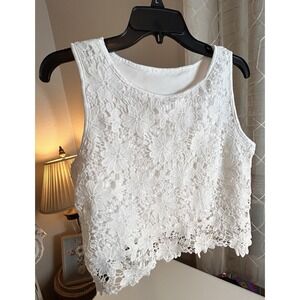 SHEIN Women's White Lace Crop Tank Top Floral Crochet Scallop Hem Size Small